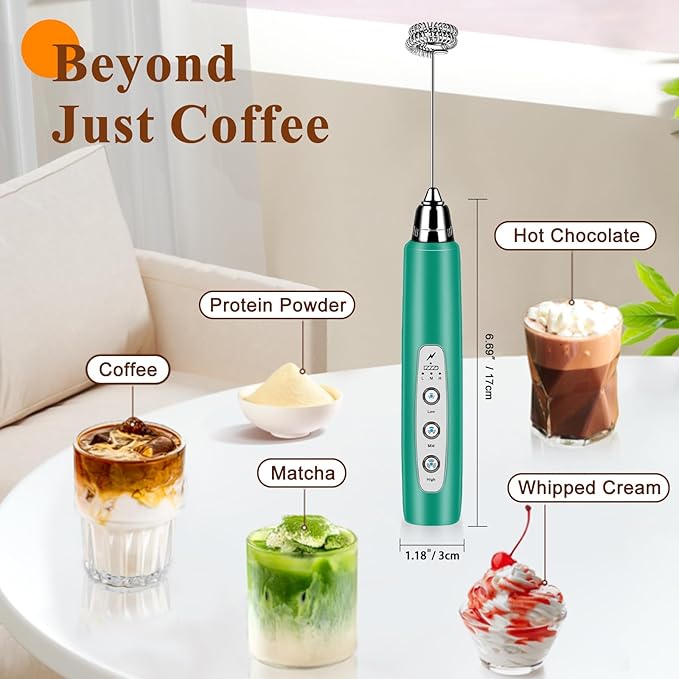 Milk Frother Handheld Rechargeable, Frother Wand Drink Mixer Electric Whisk for Coffee, Detachable With 3 Stainless Whisks, Hand Mixer for Lattes, Cappuccino, Matcha, Egg, No Stand, Green