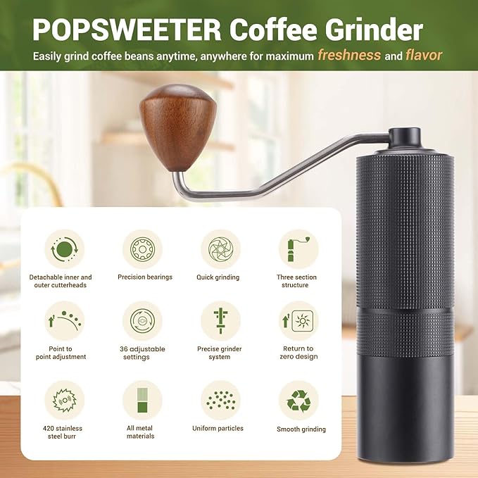 Manual Coffee Bean Grinder,Popsweeter C38 hand coffee grinder with Stainless Steel Conical Grinding Burr for Espresso,Pour Over,FrenchPress,Moka,Americano, for Office Home Traveling Camping