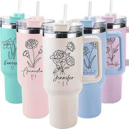 ThermoThrill Ships Next Day, Personalized 40 Oz Tumbler with Handle and Straw Custom Tumbler with Text Stainless Steel Mug Birthday Gifts for Women