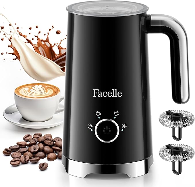 Facelle Milk Frother, 4-in-1 Electric Milk Steamer and Frother, 10oz/300ml Automatic Hot & Cold Foam Maker and Milk Warmer with Auto Shut-Off, for Latte, Cappuccino, Macchiato, Hot Chocolate - Black