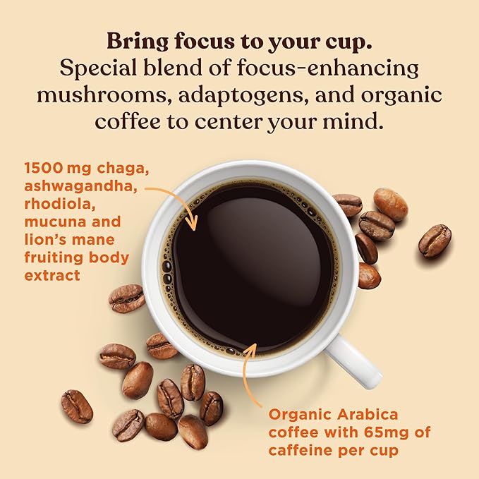 Four Sigmatic Focus Organic Mushroom Coffee | 1500mg of Adaptogens per Serving | Lion's Mane, Chaga, Rhodiola, Ashwagandha & Mucuna for Energy, Focus, Positive Mood & Immune Support | 30 Servings