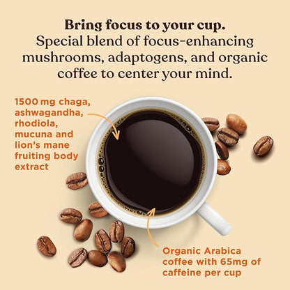 Four Sigmatic Focus Organic Mushroom Coffee | 1500mg of Adaptogens per Serving | Lion's Mane, Chaga, Rhodiola, Ashwagandha & Mucuna for Energy, Focus, Positive Mood & Immune Support | 30 Servings