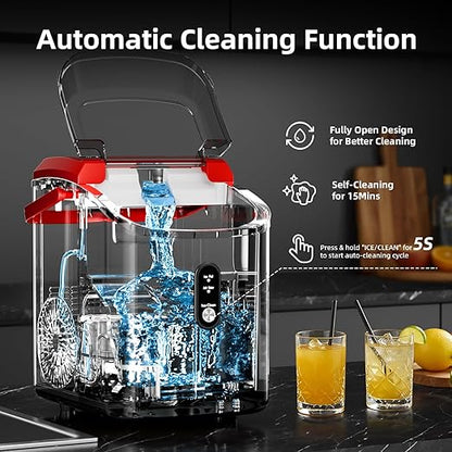 Nugget Countertop Ice Maker with Soft Chewable Pellet Ice, 34Lbs/24H,Pebble Portable Ice Machine with Ice Scoop, Self-Cleaning, One-Click Operation, for Kitchen/Office/Bar, Red