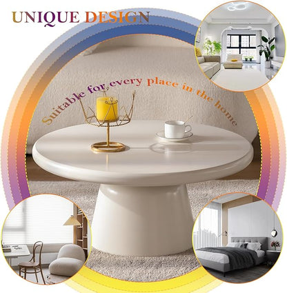 Chic Coffee Table with Smooth Fininsh & Stable Large Base, Minimalism Low Center Table for Farmhouse Living Room (J-Round)