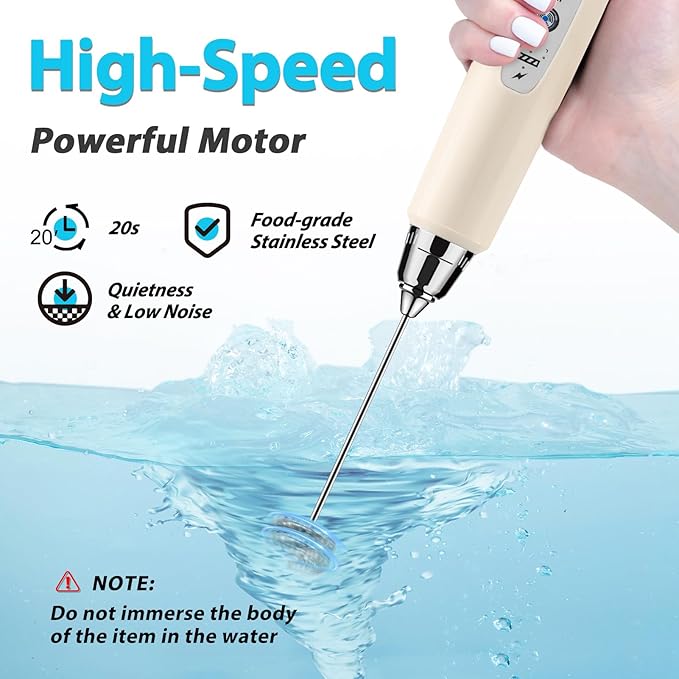 Milk Frother Rechargeable Handheld for Coffee-Drink Mixer 3 Speed Adjustable, Frother Wand with 3 Stainless Whisks, Electric Foam Maker, Electric Whisk for Latte Cappuccino Matcha Egg