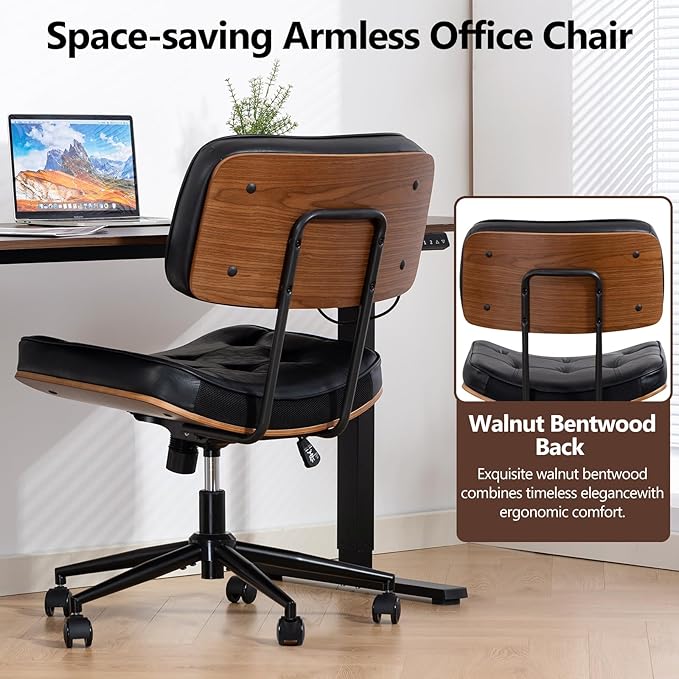 Armless Office Chair with Wheels, Adjustable Height Desk Chair Leather Swivel Computer Chair, Modern Walnut Office Side Chair for Meeting Room Office, Black
