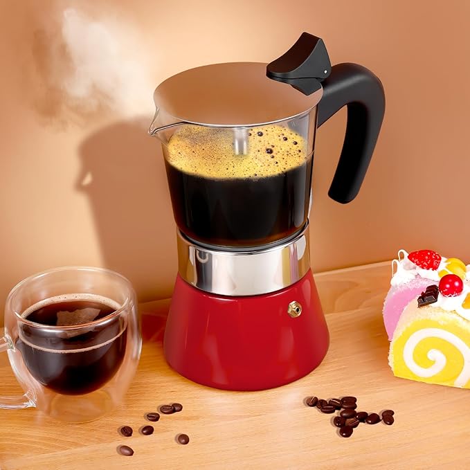 Induction Moka Pot, 6 Cups (10.6 oz) Crystal Glass-Top & Stainless Steel Moka Pot, Classic Stovetop Espresso Maker, Red