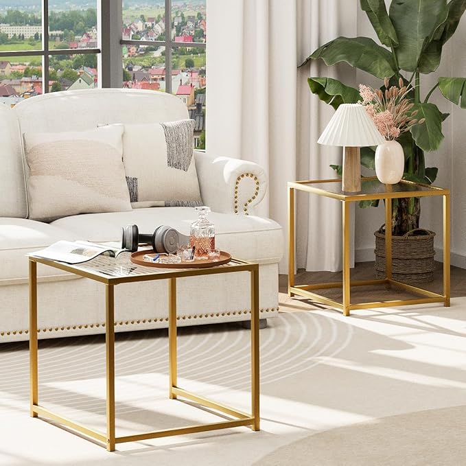 VILAWLENCE Coffee Table Set of 2, Modern Gold Patterned Glass Side Table, Metal Frame Square End Table, Center Tables Nesting Coffee Table for Living Room,Bedroom and Small Spaces