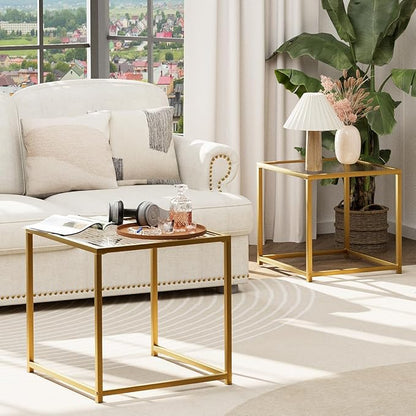 VILAWLENCE Coffee Table Set of 2, Modern Gold Patterned Glass Side Table, Metal Frame Square End Table, Center Tables Nesting Coffee Table for Living Room,Bedroom and Small Spaces