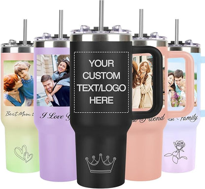 Personalized 40 oz Tumbler with Handle and Straw, Custom Tumbler with Picture, Logo, Text, Stainless Steel Travel Coffee Mug Cup, Personalized Gifts For Women Men Birthday Anniversary Christmas Gifts