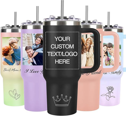 Personalized 40 oz Tumbler with Handle and Straw, Custom Tumbler with Picture, Logo, Text, Stainless Steel Travel Coffee Mug Cup, Personalized Gifts For Women Men Birthday Anniversary Christmas Gifts