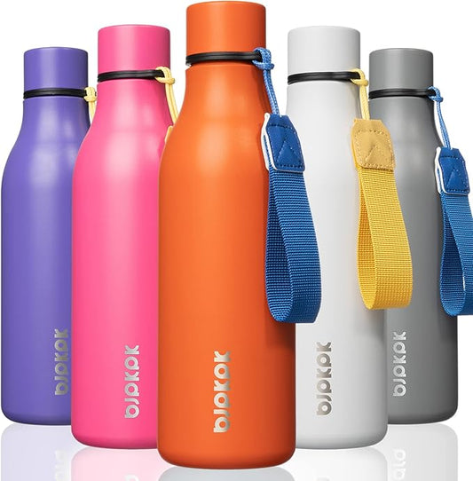 BJPKPK Insulated Water Bottles, 18 oz Stainless Steel Metal Water Bottle with Strap, BPA Free Leak Proof Jugs, Mugs, Flasks, Reusable Thermal Flasks for Sports & Travel, Orange