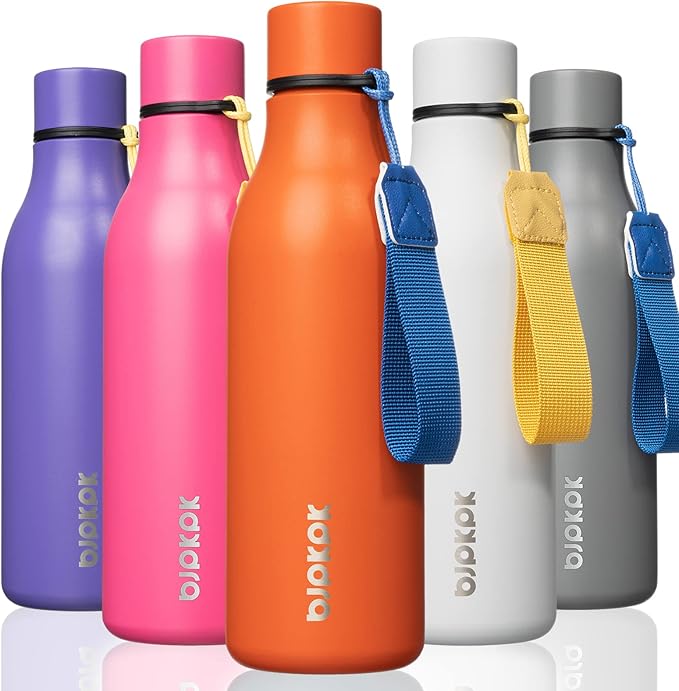 BJPKPK Insulated Water Bottles, 18 oz Stainless Steel Metal Water Bottle with Strap, BPA Free Leak Proof Jugs, Mugs, Flasks, Reusable Thermal Flasks for Sports & Travel, Orange