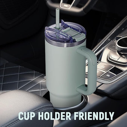 40 oz Tumbler with Handle and Straw Lid,Insulated Reusable Stainless Steel Water Bottle Travel Mug，Cupholder Friendly Double Wall Vacuum Sealed Cup (Shale)