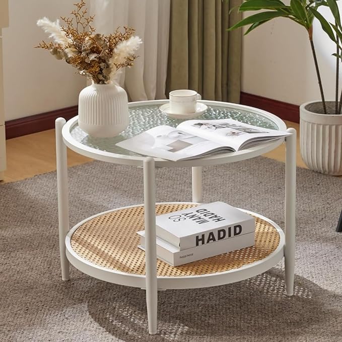 VINGLI 25.6" Coffee Table for Living Room, Round Water-Wave Glass Metal Center Table, Modern Rattan Coffee Table with 2-Tier Storage, Farmhouse Circular End Table for Small Space, White