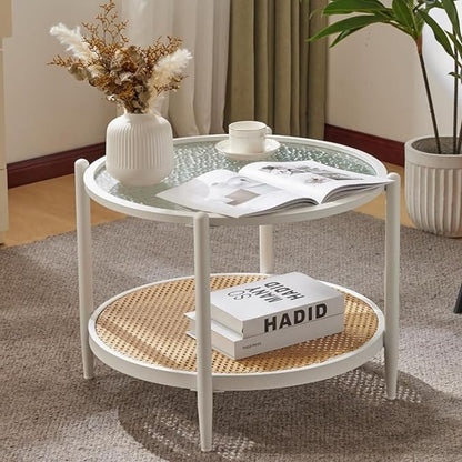 VINGLI 25.6" Coffee Table for Living Room, Round Water-Wave Glass Metal Center Table, Modern Rattan Coffee Table with 2-Tier Storage, Farmhouse Circular End Table for Small Space, White