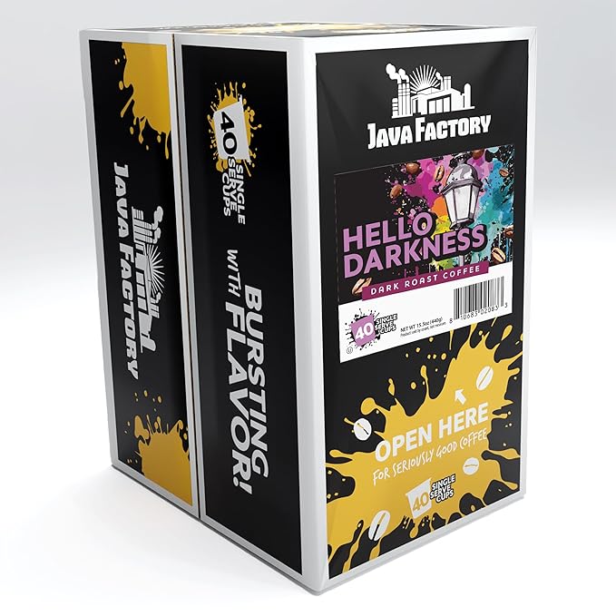 Java Factory Dark Roast Coffee Pods, Hello Darkness, 40 Count - Compatible with Keurig K Cup Brewers, Bold and Intense Coffee Flavor for Coffee Aficionados