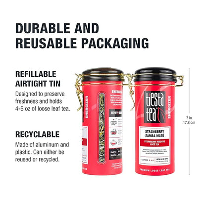 Tiesta Tea - Strawberry Samba Mate, Loose Leaf, Strawberry Hibiscus Mate Tea, High Caffeinated Fruit Blend, Make Hot or Iced Up to 50 Cups, 4 oz Refillable Tin