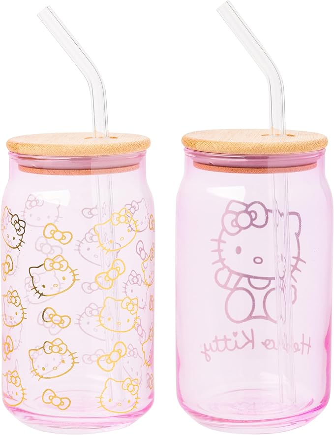Silver Buffalo Sanrio Hello Kitty Gold 2 Pack Pink Glass Jar Tumbler with Bamboo Lid and Glass Straw, 16 Ounces