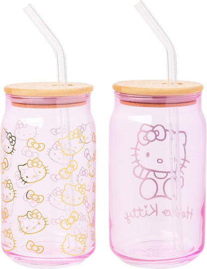Silver Buffalo Sanrio Hello Kitty Gold 2 Pack Pink Glass Jar Tumbler with Bamboo Lid and Glass Straw, 16 Ounces