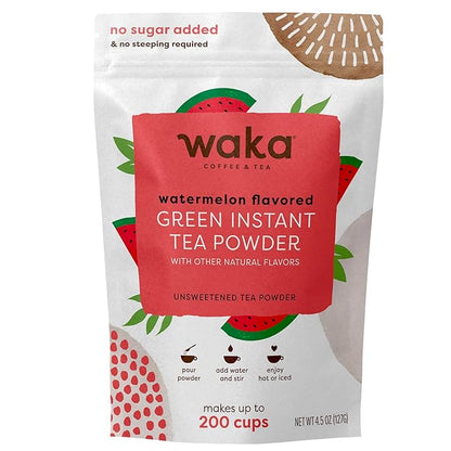 Waka Instant Green Tea Mix, Watermelon Flavored - 100% Tea Leaves, No Additives, Unsweetened Tea Powder in Bulk Pouch – Easy Quick Hot and Iced Teas, Up to 200 Cups (4.5oz)
