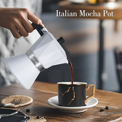 Moka Pot, 6-Cup Espresso Maker, 300ml Portable Stovetop Espresso Maker, Percolator Coffee Pot Compatible with Induction Cooktops, Suitable for Home and Camping (White)