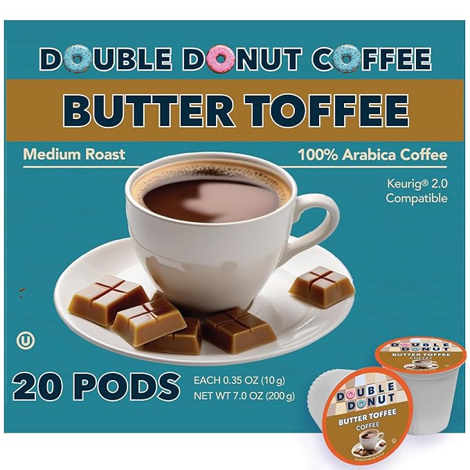 Double Donut Coffee Butter Toffee Flavored Coffee Pods, Medium Roast Coffee, compatible with Keurig K Cups Brewers, 20 Count
