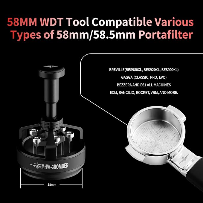 MHW-3BOMBER WDT Tool Espresso 58mm, Espresso Distribution Tool with Magnetic Base for Barista, Adjustable Depth Needle Distributor Tool, 0.25mm x 14 Coffee Stirrer Tools, YU Series CycloneT5849-OS