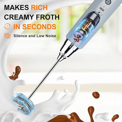 YUSWKO Handheld Milk Frother for Coffee, Rechargeable Drink Mixer with 3 Heads 3 Speeds Electric Whisk Coffee Frother For Latte, Cappuccino, Hot Chocolate, Egg - Cement Gray