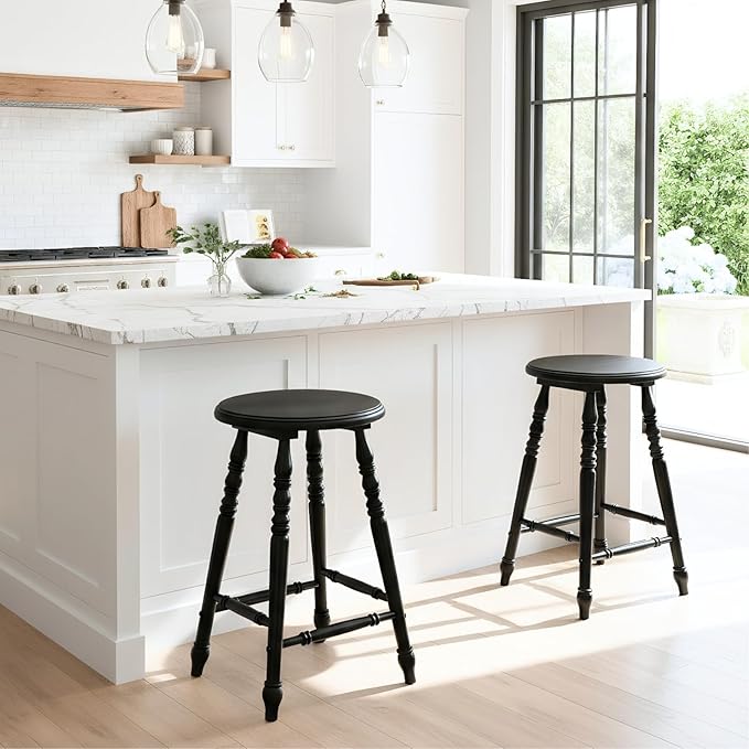 chairus 24" Black Backless Counter Height Bar Stools Set of 4, Farmhouse Wooden Counter Stools with Round Seat & Turned Legs, Rustic Vintage Colonial Short Bar Chairs for Kitchen Island