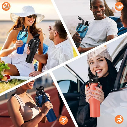 32 oz Stainless Steel Water Bottle - Keep Cold-48 Hrs, Hot-24 Hrs, Leak Proof Vacuum Insulated Water Bottle with Straw, Spout Lid, Carrier Bag, Travel Coffee Tumbler Fits in Car Cup Holder