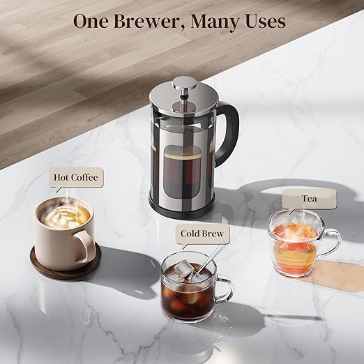 Veken French Press Coffee Maker 21oz 0.6 L, Heat Resistant Thickened Borosilicate Glass,Stainless Steel Brewer,Single Serve Small Pot, Cold Brew Cafetera Teapot for Kitchen Travel Camping, Dark Pewter