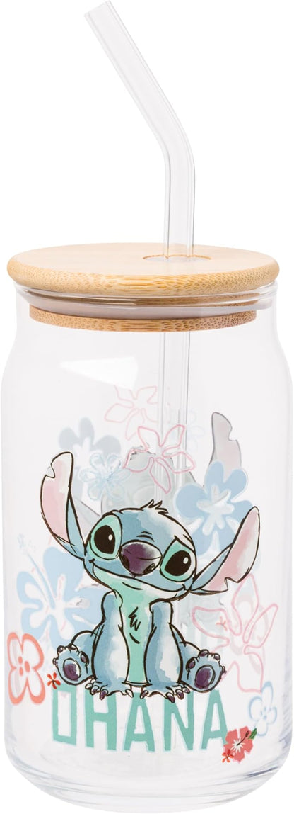 Silver Buffalo Disney Lilo and Stitch Ohana Floral Glass Jar Tumbler with Bamboo Lid and Glass Straw, 16 Ounces