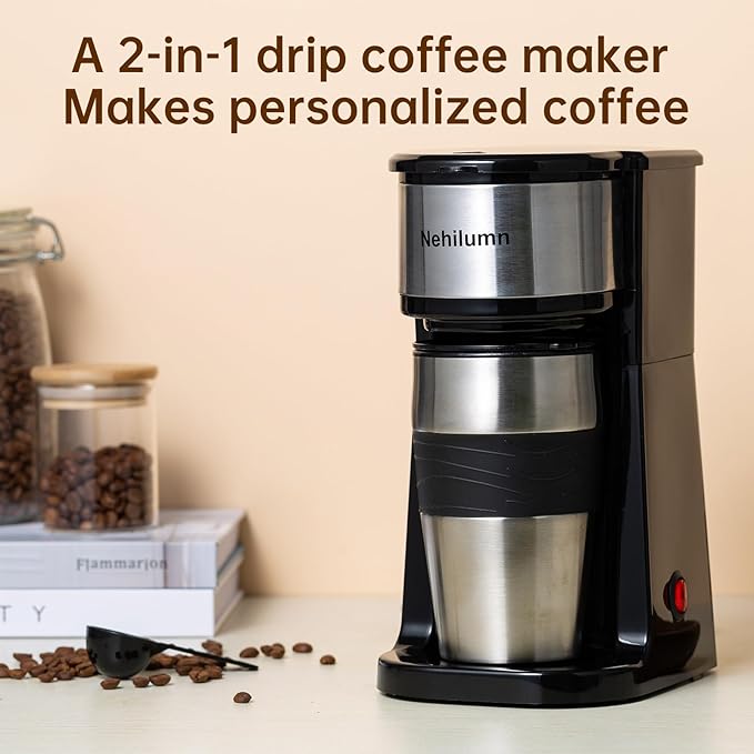 Single serve one cup drip coffee maker 14 oz,with personal travel cup,auto shut off function,Reusable Filter,Black and Silver