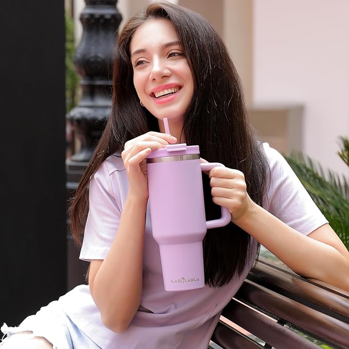 40oz Tumbler with Handle,Double Wall Vacuum Reusable Stainless Steel Insulated Water Bottle,With Leak Proof lid and Straw for Iced or Cold Beverages (Lavender Purple)