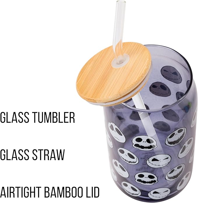 Silver Buffalo Disney Tim Burton Nightmare Before Christmas Jack Skellington Expressions Gray Glass Jar Tumbler with Bamboo Lid and Glass Straw, 16 Ounces