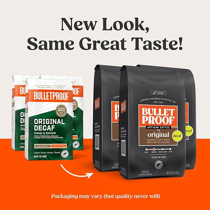 Bulletproof Original Medium Roast Ground Decaf Coffee, 12 Ounces (Pack of 3), Clean Coffee Tested for Toxins, Packaging May Vary
