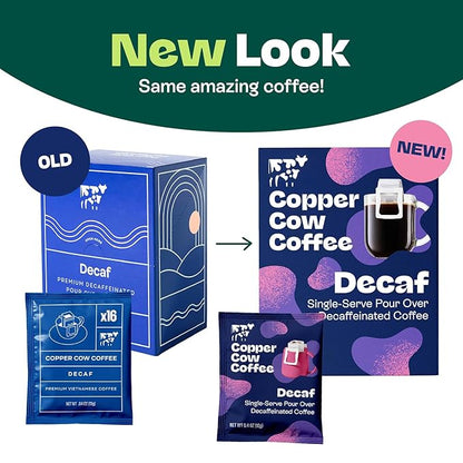 Copper Cow Coffee Pour Over Single-Serve Vietnamese Coffee Pouches (8 pack) | Decaf | Dark Roast | Convenient Vietnamese Ground Coffee Packets