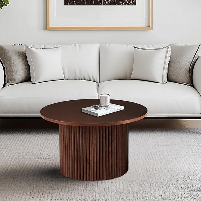 NORDICANA Single Accent Round Coffee Table, 27.5 Inch Wide 16.7 Inch Tall Walnut Color Farmhouse Center Table for Living Room, Manufactured Wood Top with Walnut Veneer