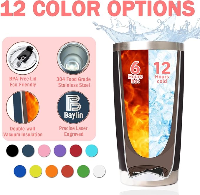 Custom Tumbler Personalized Coffee Tumbler Laser Engrave with Name 12 Designs Double Wall Insulated 20 oz Travel Cup Personalized Gifts for Birthday Christmas Anniversary for Men Women