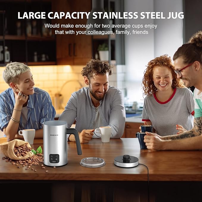 BIZEWO Milk Frother Electric, Warm and Cold Milk Steamer, 4 IN 1 Automatic Milk Warmer Stainless Steel with Touch Screen for Coffee, Latte, Macchiato, Cappuccino, Hot Chocolate