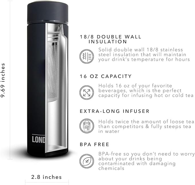 London Sip Multi-Purpose Travel Mug and Tumbler Fruit Infused Flask Hot and Cold Double Wall Stainless Steel Thermos with Extra-Long Infuser, Zen Black, Pack of 2