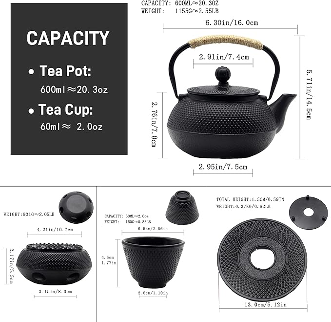 YJX Cast Iron Teapot Set with Cast Iron Warmer, Japanese Tetsubin Tea Kettle Set with Cups,Cast Iron Teapot with Stainless Steel Infuser and Enameled Interior(600ml Teapot Set Combination 1), Black