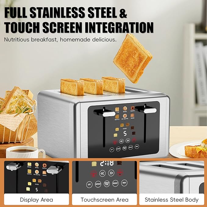 whall 4 Slice Touch Screen Toaster, Stainless Steel Toasters Digital Timer, Dual Control Panel Toasters，6 Shade Settings＆6 Bread Types, Smart Wide Slots, Bagel, Cancel, Defrost,Silver