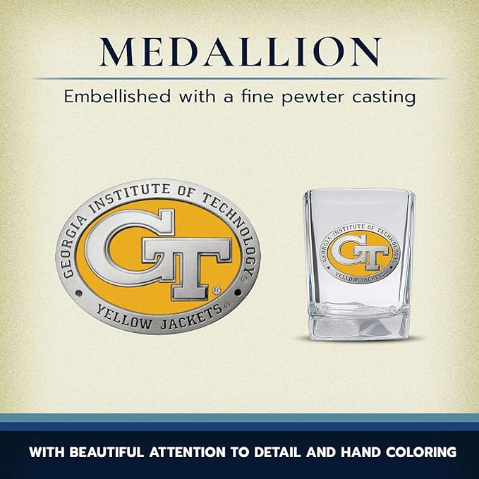 Heritage Pewter GT Square Shot Glass | Hand-Sculpted 1.5 Ounce Shot Glass | Intricately Crafted Metal Pewter Alma Mater Inlay