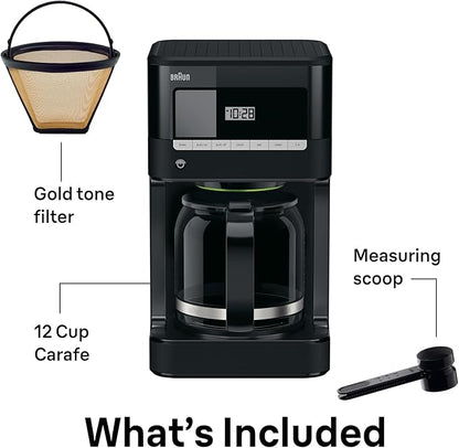 Braun Brew Sense 12 Cup Drip Coffee Maker - Pause & Pour Mid Brew, Programmable Coffee Machine with 24-Hour Timer & Clock, 1-4 Cup Functions, Self Clean, Auto Shutoff, Removable Filter Basket, Black