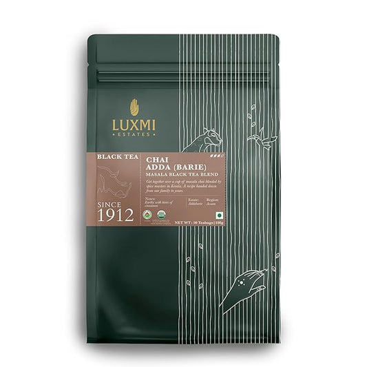 Luxmi Estates Masala Chai 50 Tea Bags (100g) Pack | Adda-Bari | Certified Organic Black Tea | Strong, Robust & Aromatic Masala | Resealable, Zipper Pouch | Brew Hot, Iced & Latte | Indian Spice Chai Tea | 50 Cups Bulk Pack