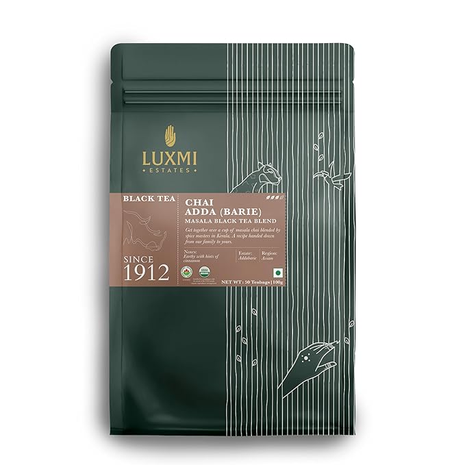 Luxmi Estates Masala Chai 50 Tea Bags (100g) Pack | Adda-Bari | Certified Organic Black Tea | Strong, Robust & Aromatic Masala | Resealable, Zipper Pouch | Brew Hot, Iced & Latte | Indian Spice Chai Tea | 50 Cups Bulk Pack