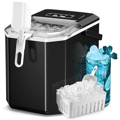 ZAFRO Countertop Ice Maker, 26.5Lbs/24H, 9 Bullet Cubes in 6 Mins, Self-Cleaning Portable Ice Machine with 2 Ice Sizes (S/L), Quiet Compact Design, Double Handles, for Home, Party, RV, Camping, Black