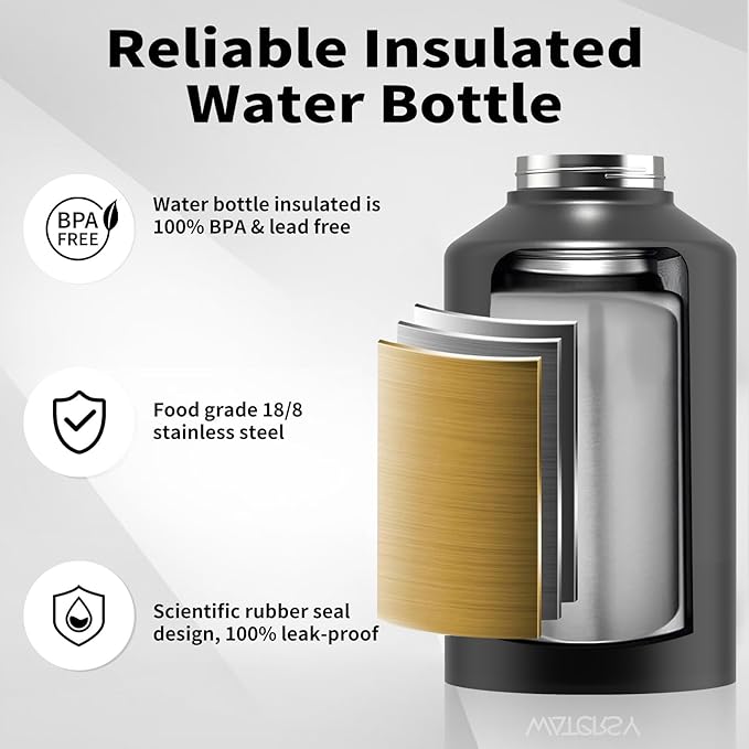 1.5 Gallon Water Bottle Insulated(Cold for 48 Hrs),BPA Free&Leak Proof,196oz Stainless Steel Water Jug,Big thermos,Large Water Bottle with Handle for Gym,Hiking,Camping&Travel,Black